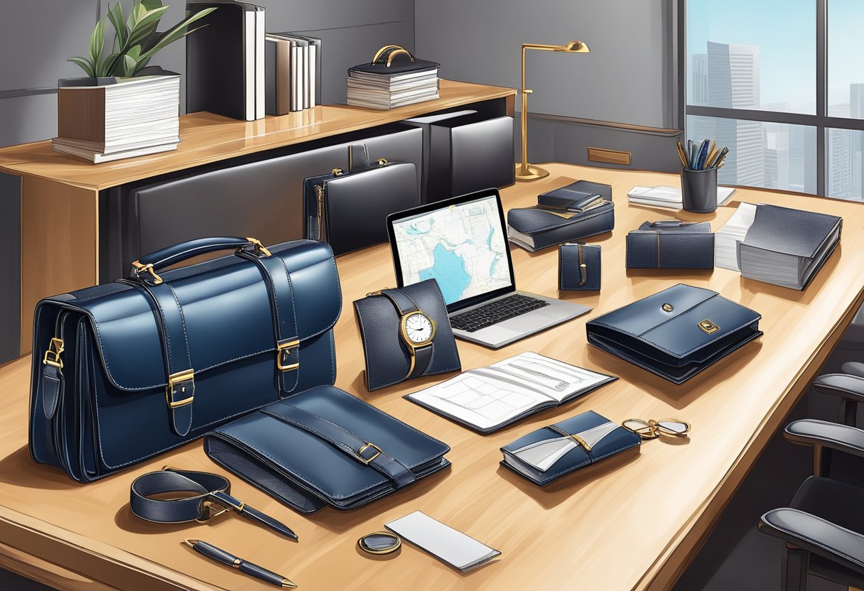 A table displays elegant gifts for corporate executives: leather briefcases, engraved pens, and luxury watches. A backdrop of a modern office setting completes the scene