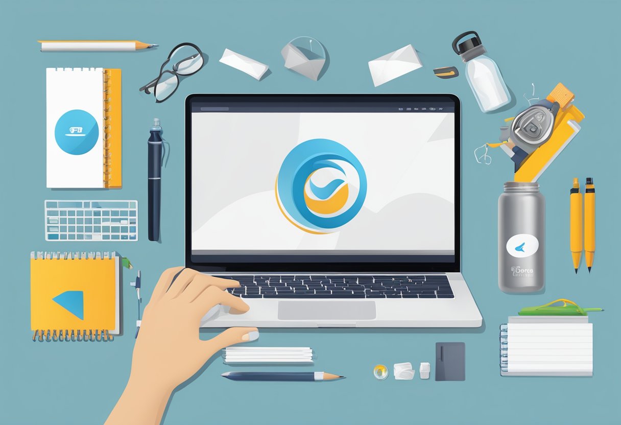 A hand reaches for a foldable water bottle with a corporate logo, surrounded by office supplies and a laptop
