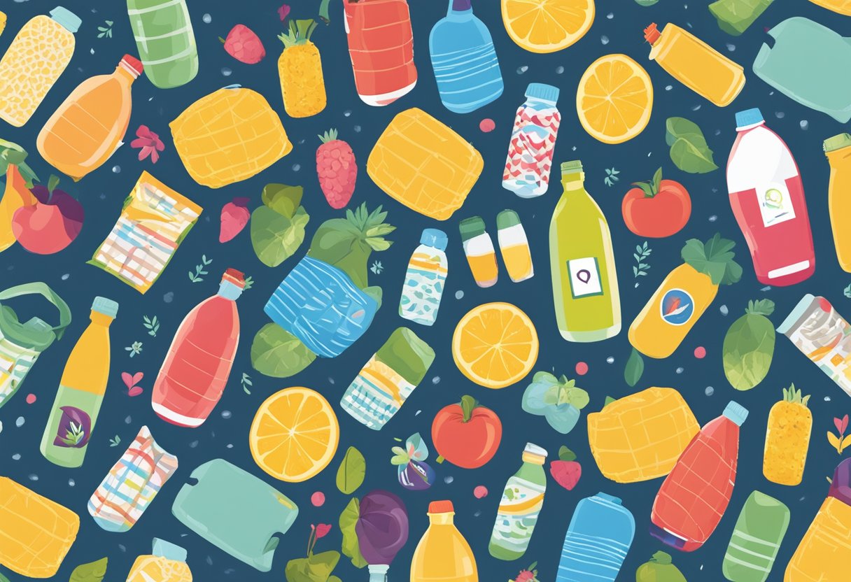 A colorful picnic mat with "Frequently Asked Questions" logo, surrounded by corporate gift items like water bottles and tote bags