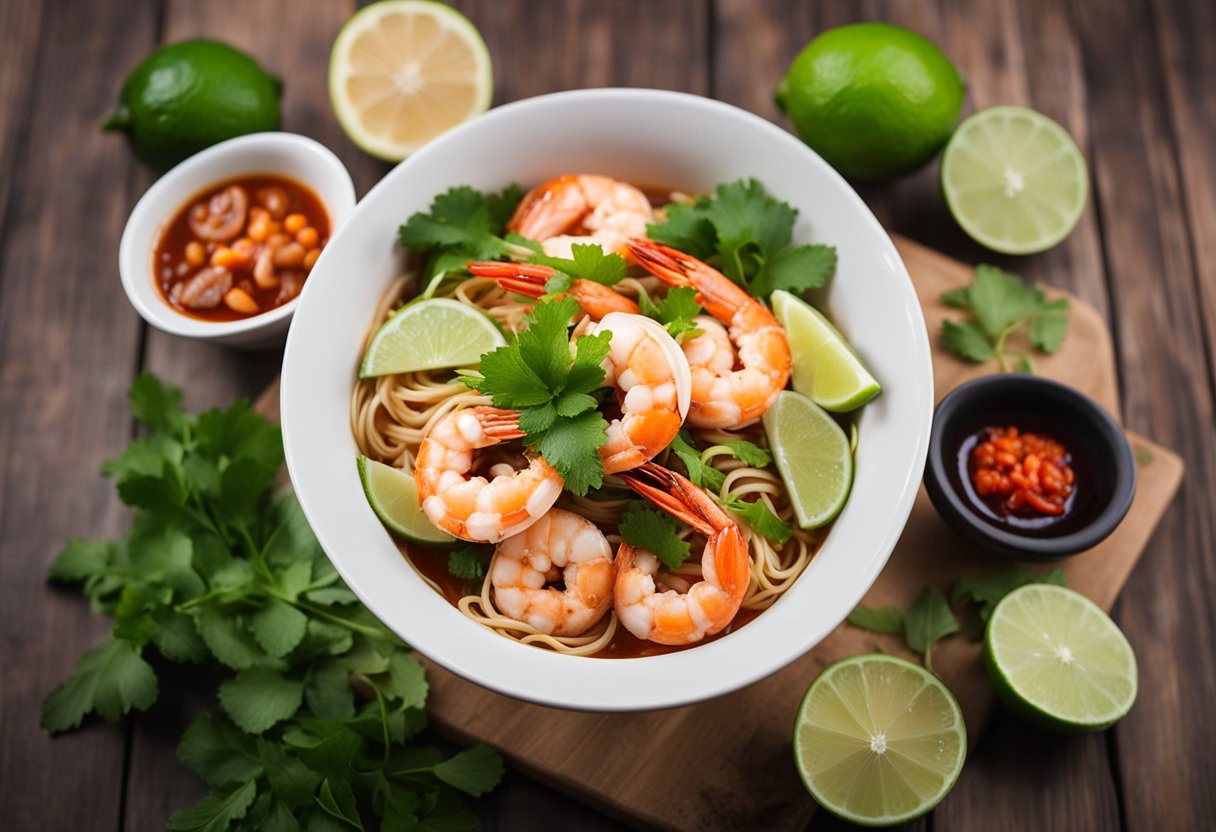 A steaming bowl of prawn mee is being served with a side of fresh lime and chili, creating a mouthwatering aroma