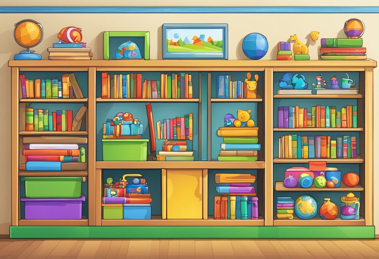 Children's corporate gifts displayed on shelves with colorful toys, books, and educational games. A variety of options for different age groups