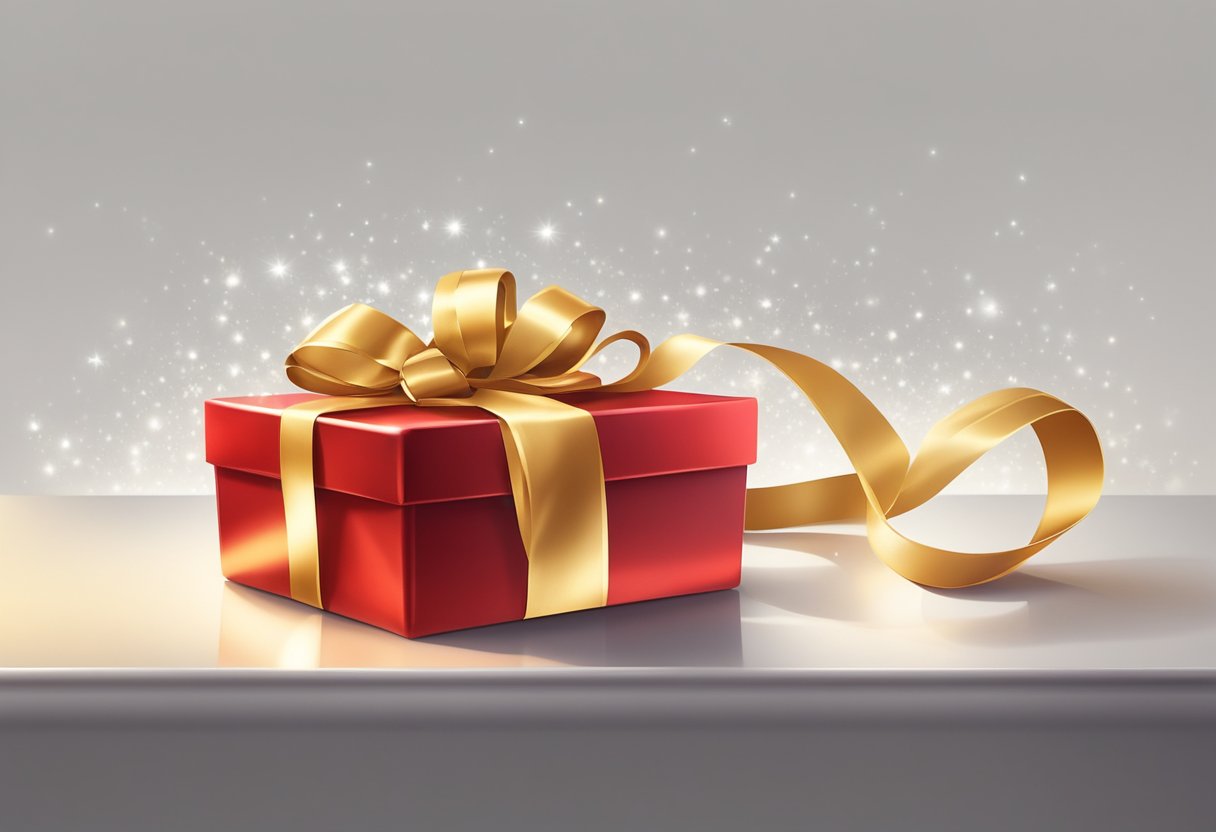 A bright red gift box sits on a white table, adorned with a shiny gold ribbon and a sparkling bow