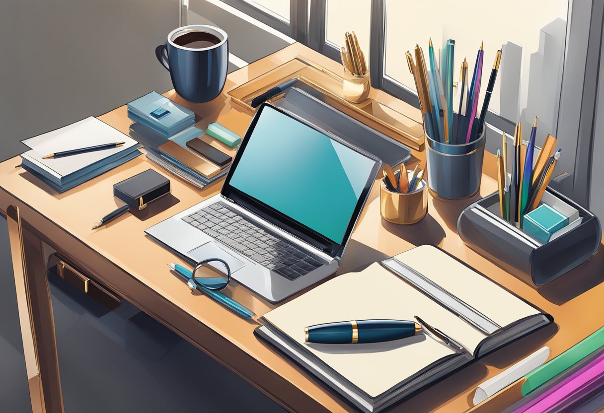 A sleek desk with a row of executive gifts, including luxury pens, elegant notebooks, and stylish desk accessories