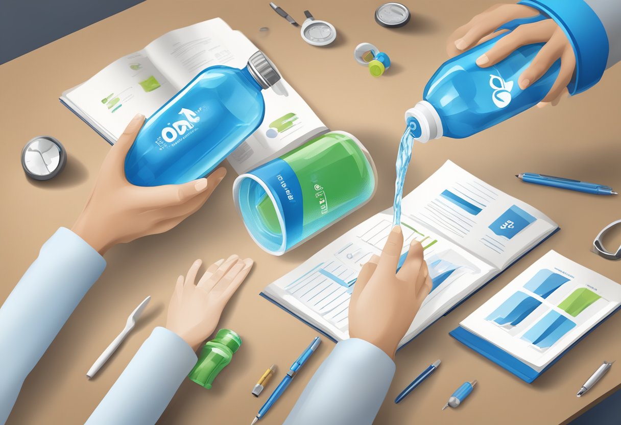A hand reaches for a foldable water bottle with a corporate logo, surrounded by various options and considerations