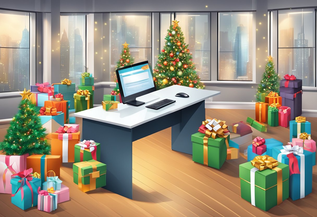 A table adorned with elegant gift boxes, branded with company logos, surrounded by festive decorations and a backdrop of a bustling office environment