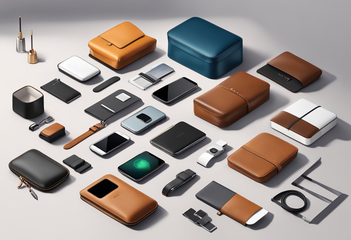 A sleek, modern gift display showcasing luxury tech gadgets, personalized leather goods, and gourmet gift sets for corporate executives