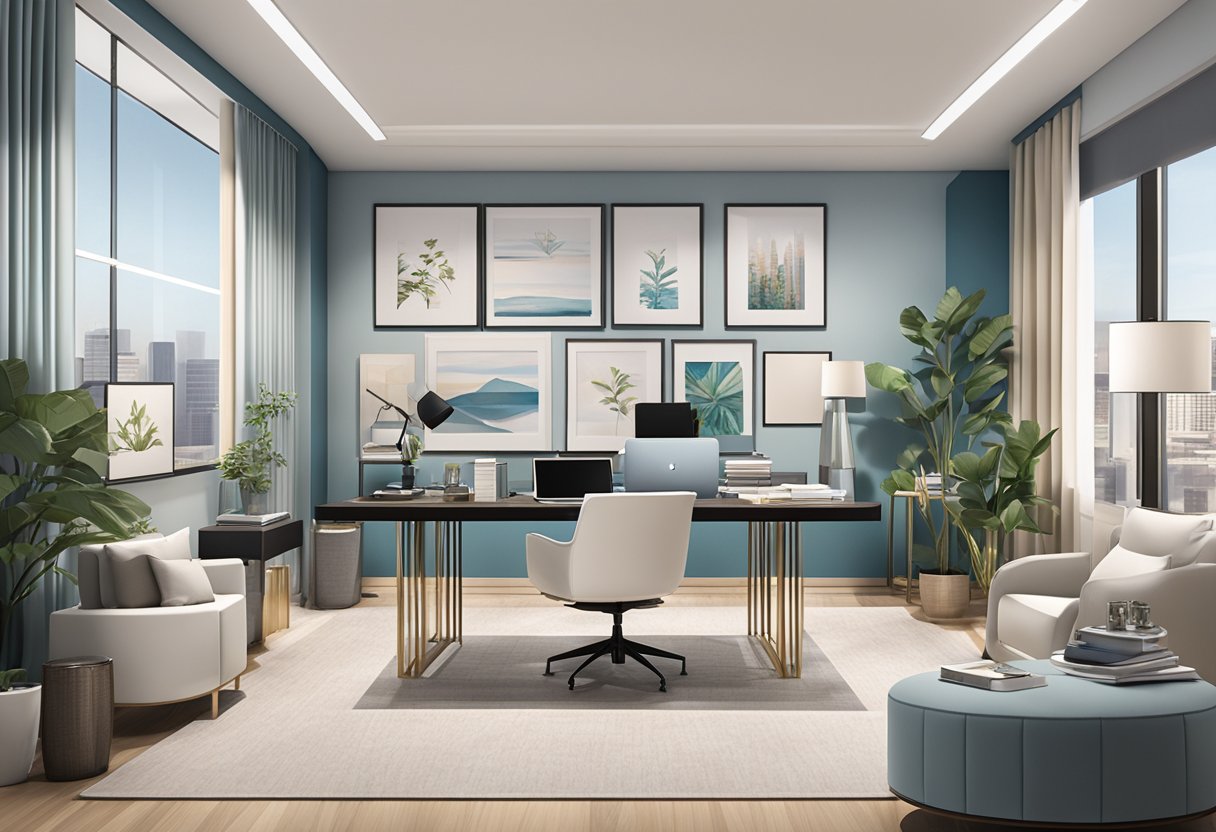 A table adorned with elegant gift boxes and branded merchandise, surrounded by a backdrop of sleek office decor and modern furniture