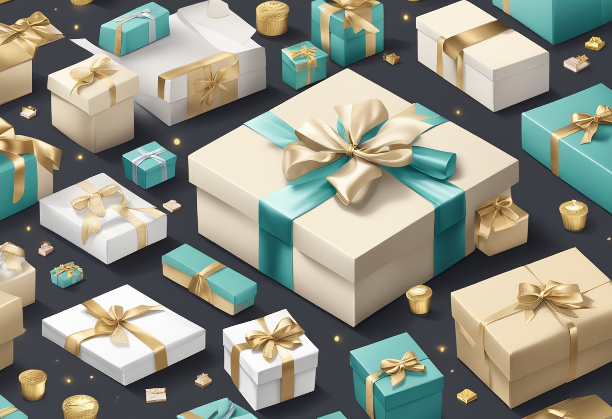 A table adorned with elegant gift boxes, branded with company logos, and filled with high-quality items like gourmet treats, luxury office supplies, and personalized accessories