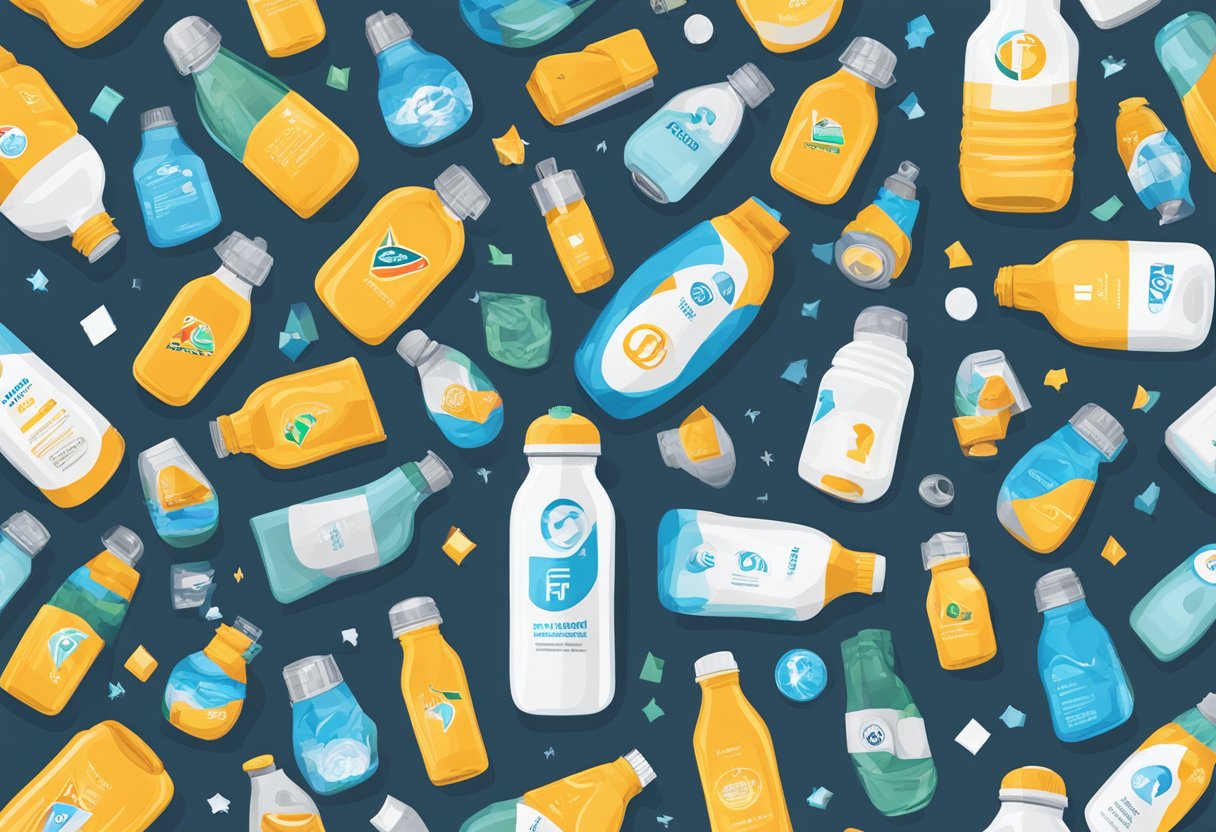 A branded foldable water bottle surrounded by corporate logos and a stack of FAQ cards