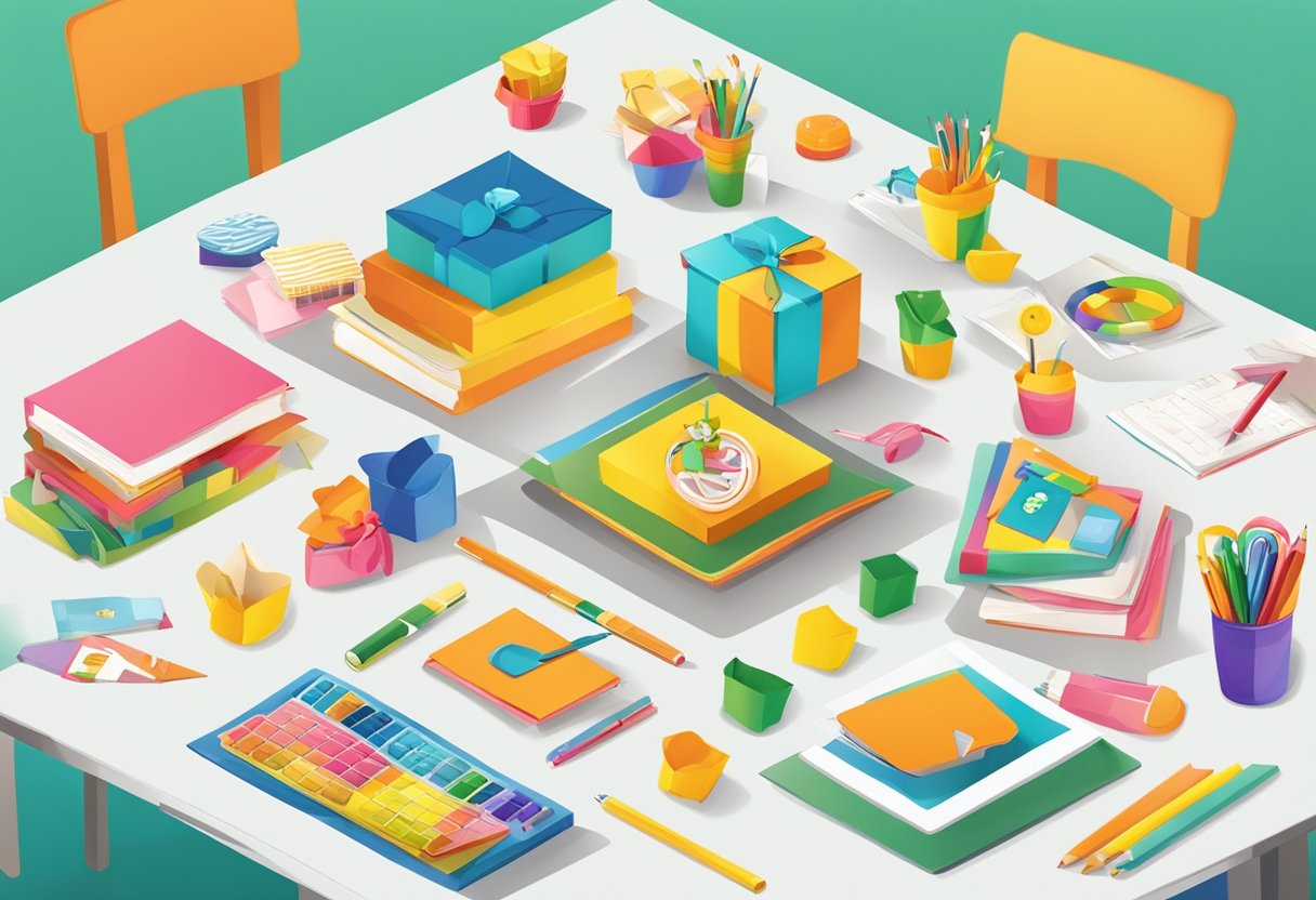 A colorful display of child-friendly corporate gifts arranged on a table, with playful designs and educational elements