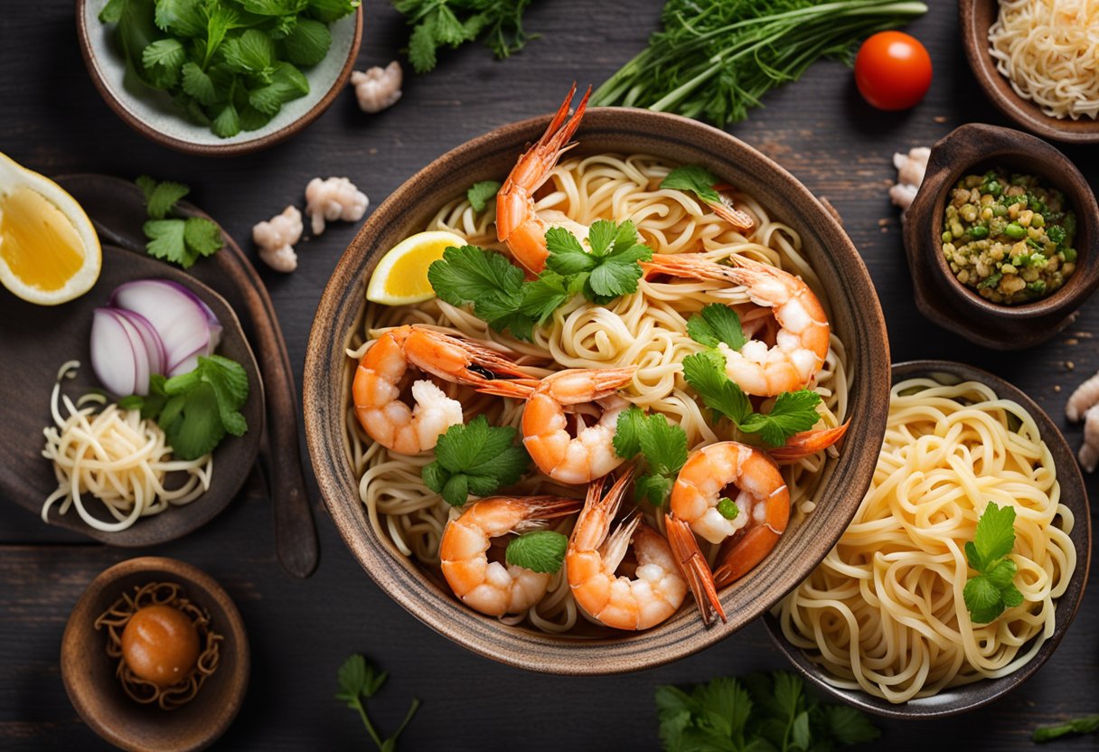 A steaming bowl of prawn mee sits on a rustic wooden table, surrounded by fresh ingredients like prawns, noodles, and fragrant herbs