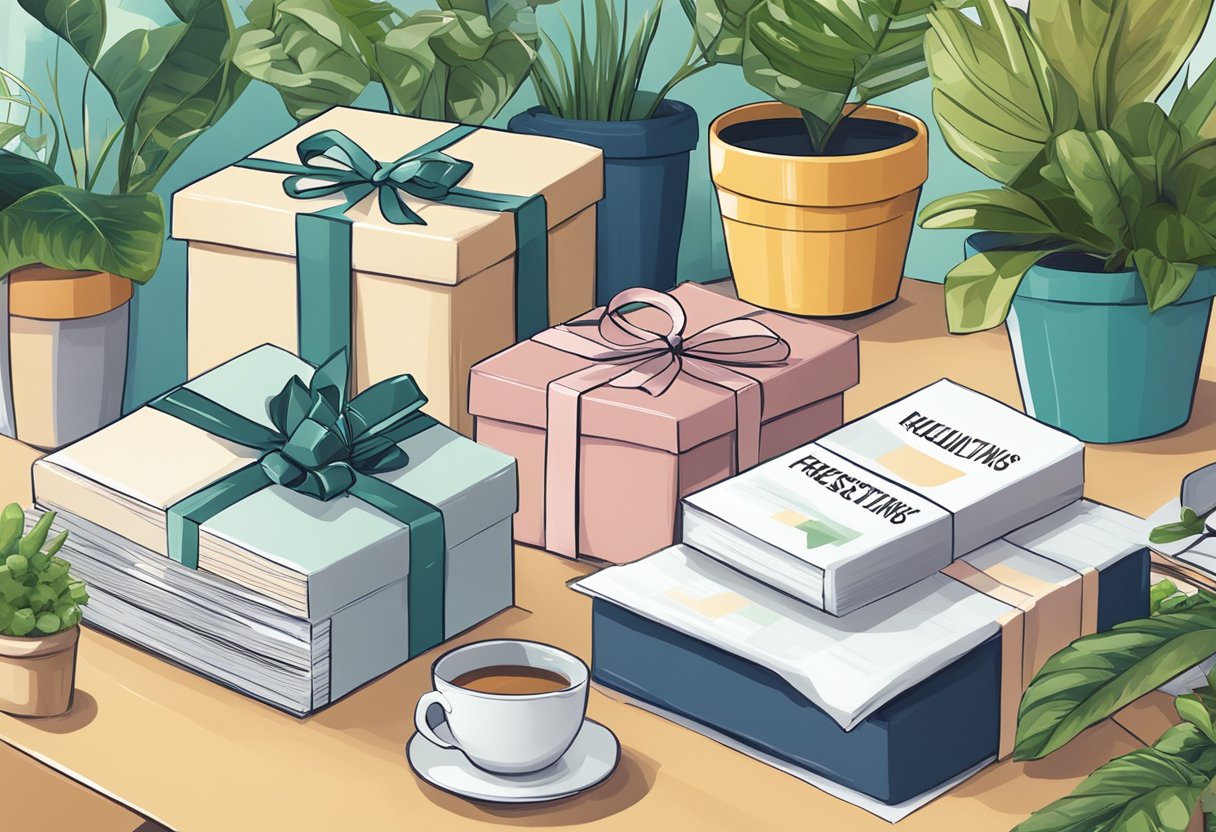 A table with a stack of gift boxes labeled "Frequently Asked Questions gifts for corporate executives" surrounded by office decor and plants