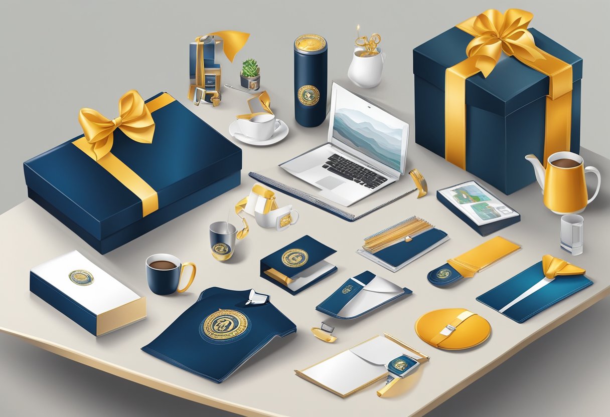 A table displaying a variety of high-quality corporate gifts, including branded merchandise, luxury items, and personalized products