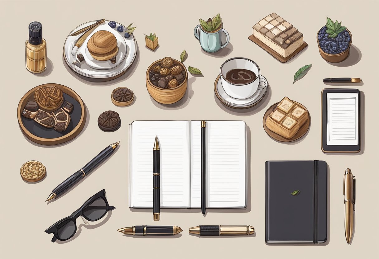 A hand reaches for a sleek pen set on a desk, surrounded by luxury items like a leather notebook and gourmet treats