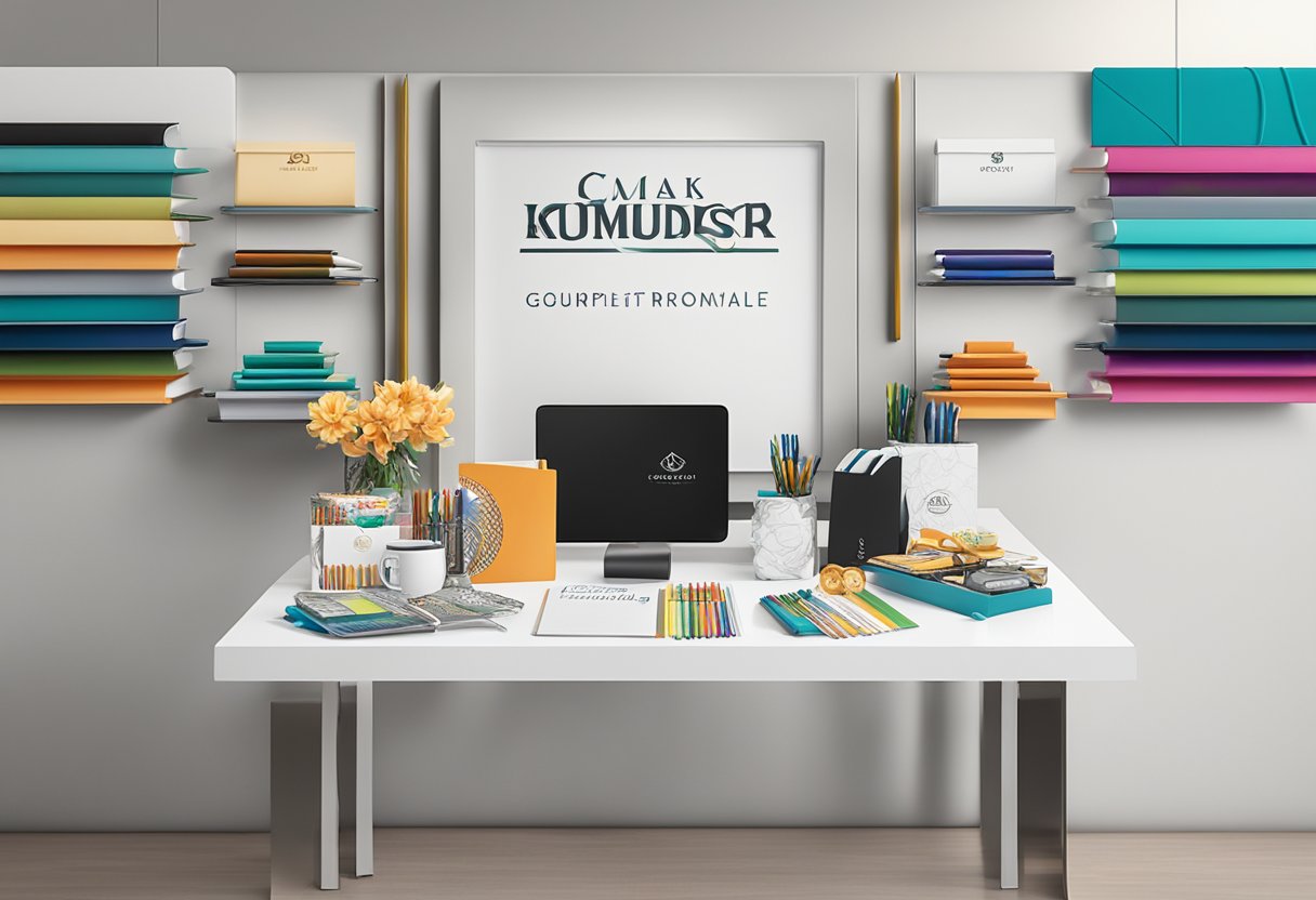 A table adorned with branded pens, notebooks, and gourmet gift baskets. A backdrop of sleek office decor and a logo prominently displayed