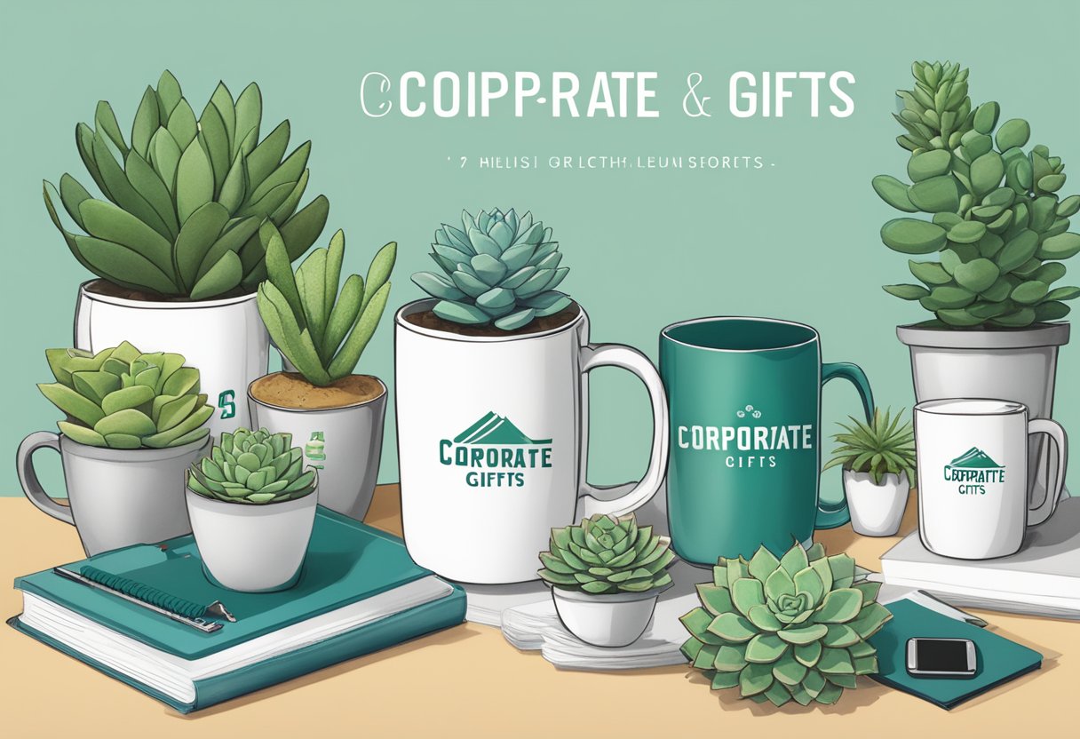 A table adorned with branded mugs, succulents, and notebooks. A banner reads "Corporate Gifts" above