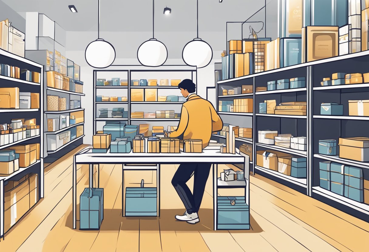 A person is browsing through a variety of corporate gift options, including branded items and luxury products, displayed on shelves and tables in a well-lit showroom