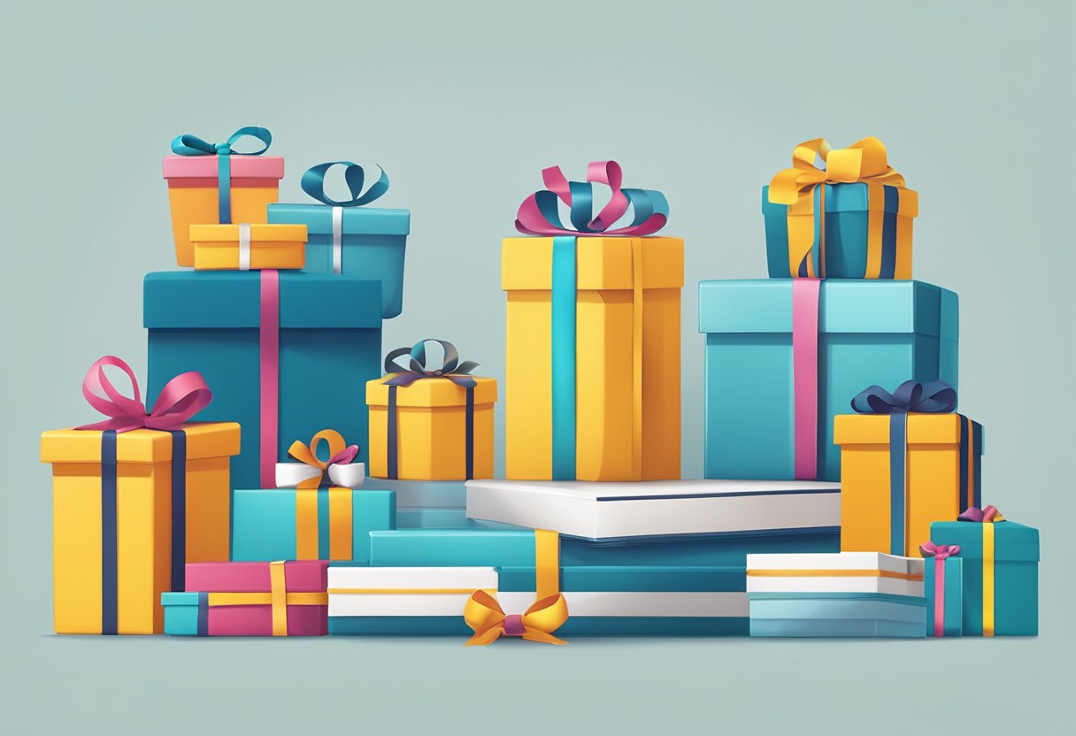 A table displays a variety of branded gifts with a sign reading "Frequently Asked Questions curated corporate gifts."