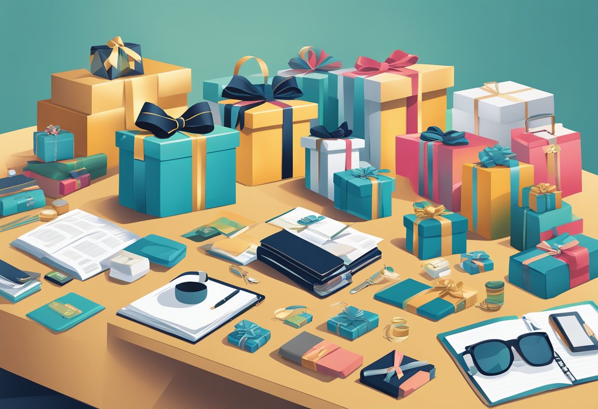 A table filled with various corporate gift items, including branded merchandise and luxury products, with a sign reading "Frequently Asked Questions year end corporate gifts" displayed prominently