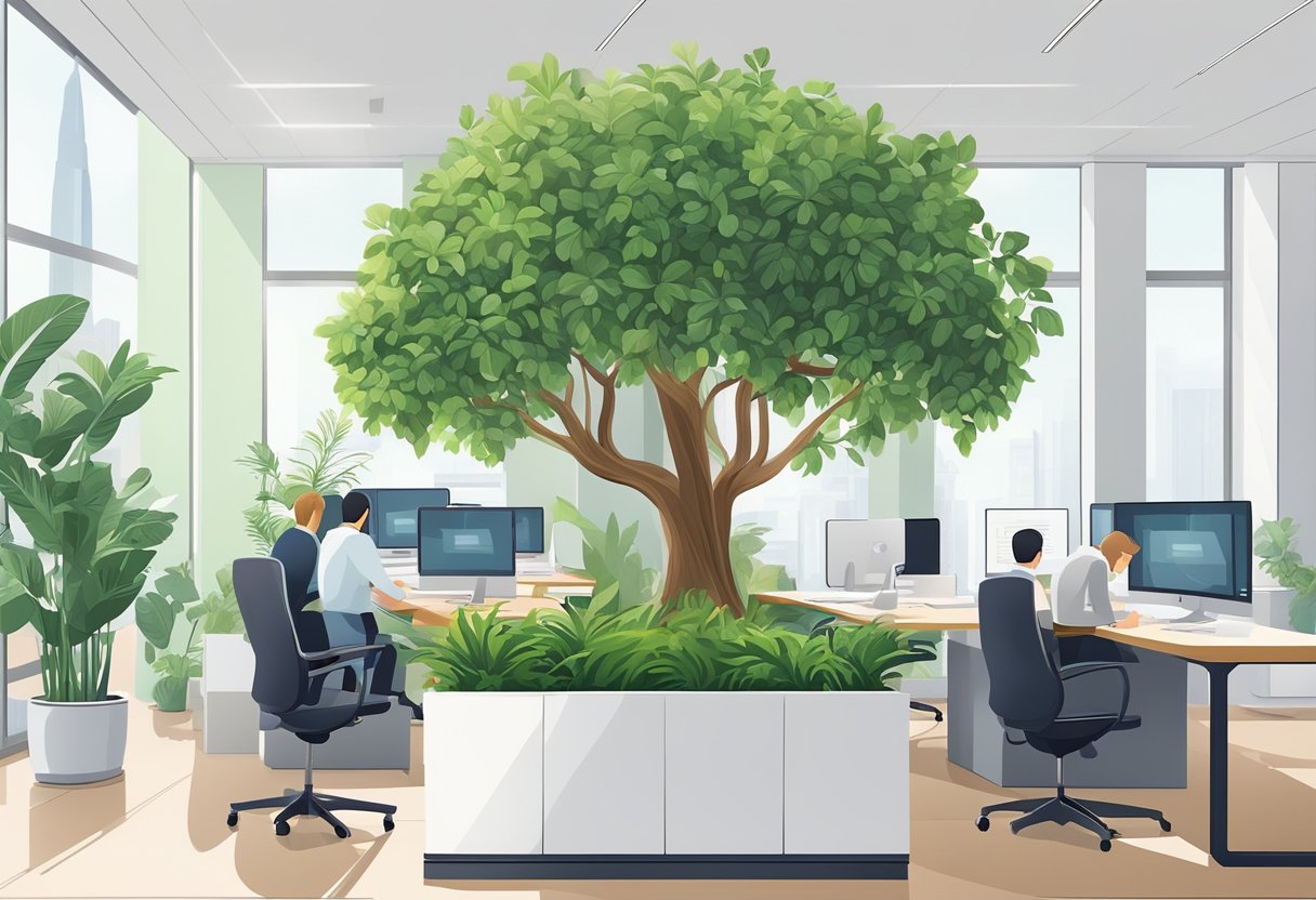 A hand reaches for a sleek, modern planter filled with vibrant greenery, set against a backdrop of a clean and professional office environment