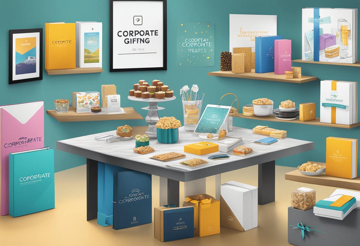 A table adorned with branded gifts, such as custom notebooks, tech accessories, and gourmet treats. A banner displays "Corporate Gifting Strategies" above the display