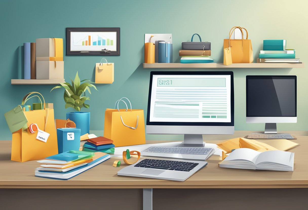 A table displaying various corporate gifts with a sign reading "Frequently Asked Questions" in a modern office setting