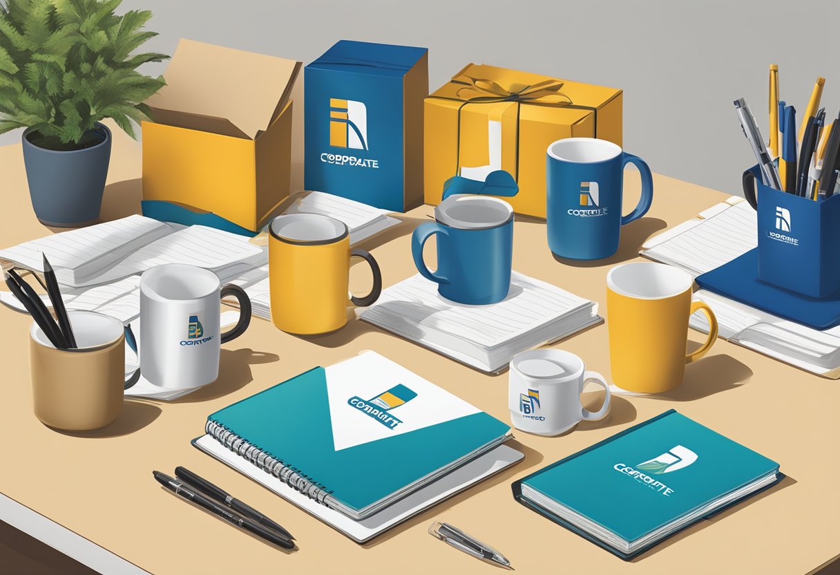 A table displays branded mugs, pens, and notebooks. A sign reads "Corporate Gifts" in bold letters