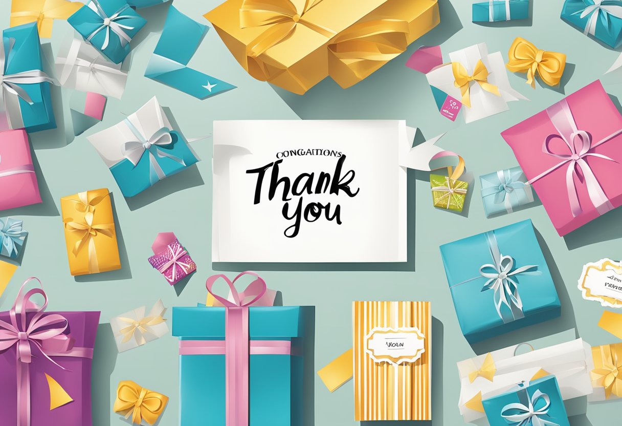 A table displays various corporate gifts with phrases like "Thank you" and "Congratulations" on tags