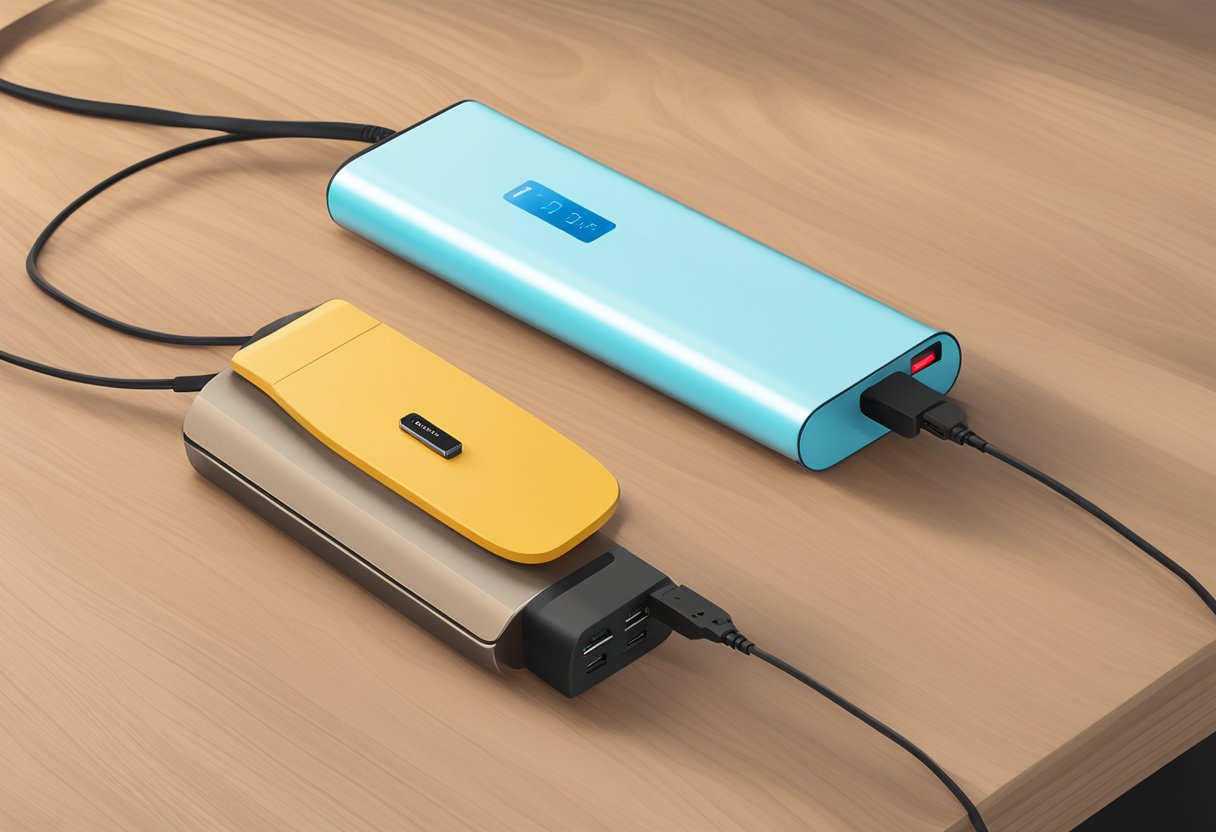 A power bank sits on a wooden desk, connected to a charging cable. The LED indicator shows it is fully charged