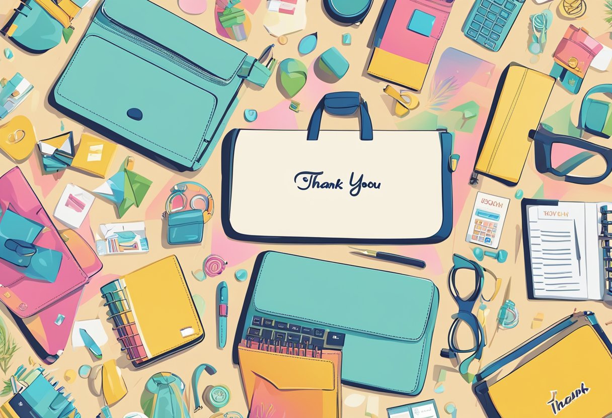 A colorful display of trendy corporate gifts with phrases like "Thank You" and "Appreciation" on various items