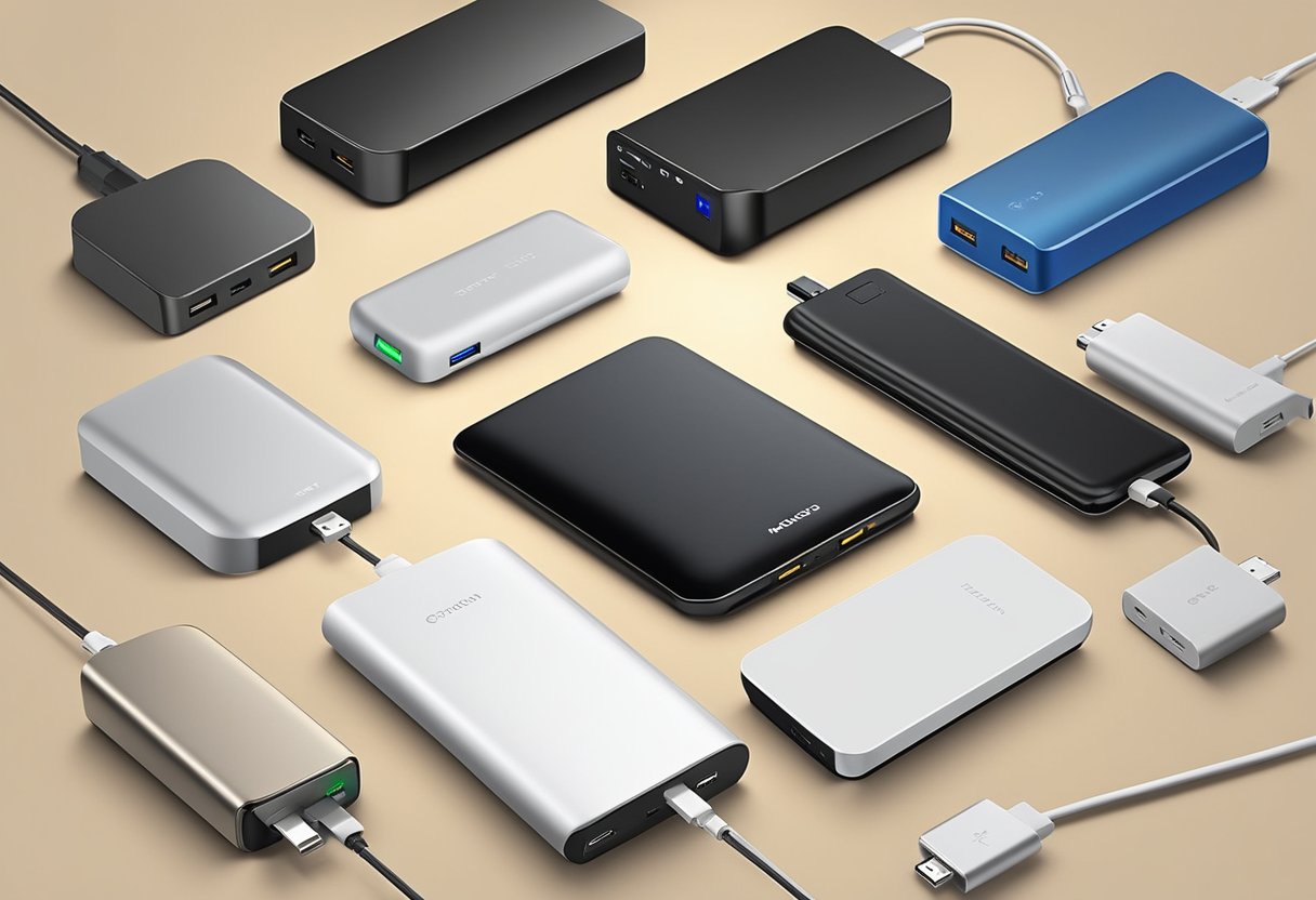 A variety of power banks of different sizes and shapes, with features such as LED indicators, multiple USB ports, and fast charging capabilities, displayed on a clean, modern tabletop