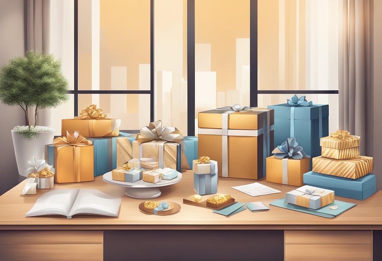 A table adorned with branded gift boxes, gourmet treats, and elegant stationery. A backdrop of a modern office with a warm, welcoming atmosphere