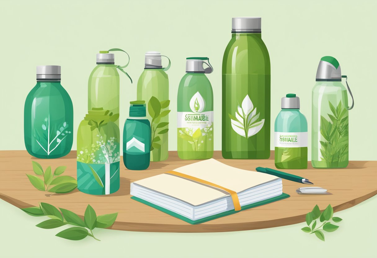 A table displays eco-friendly corporate gifts: reusable water bottles, bamboo utensils, and recycled notebooks. A banner reads "Sustainable Gifts for a Greener Future."