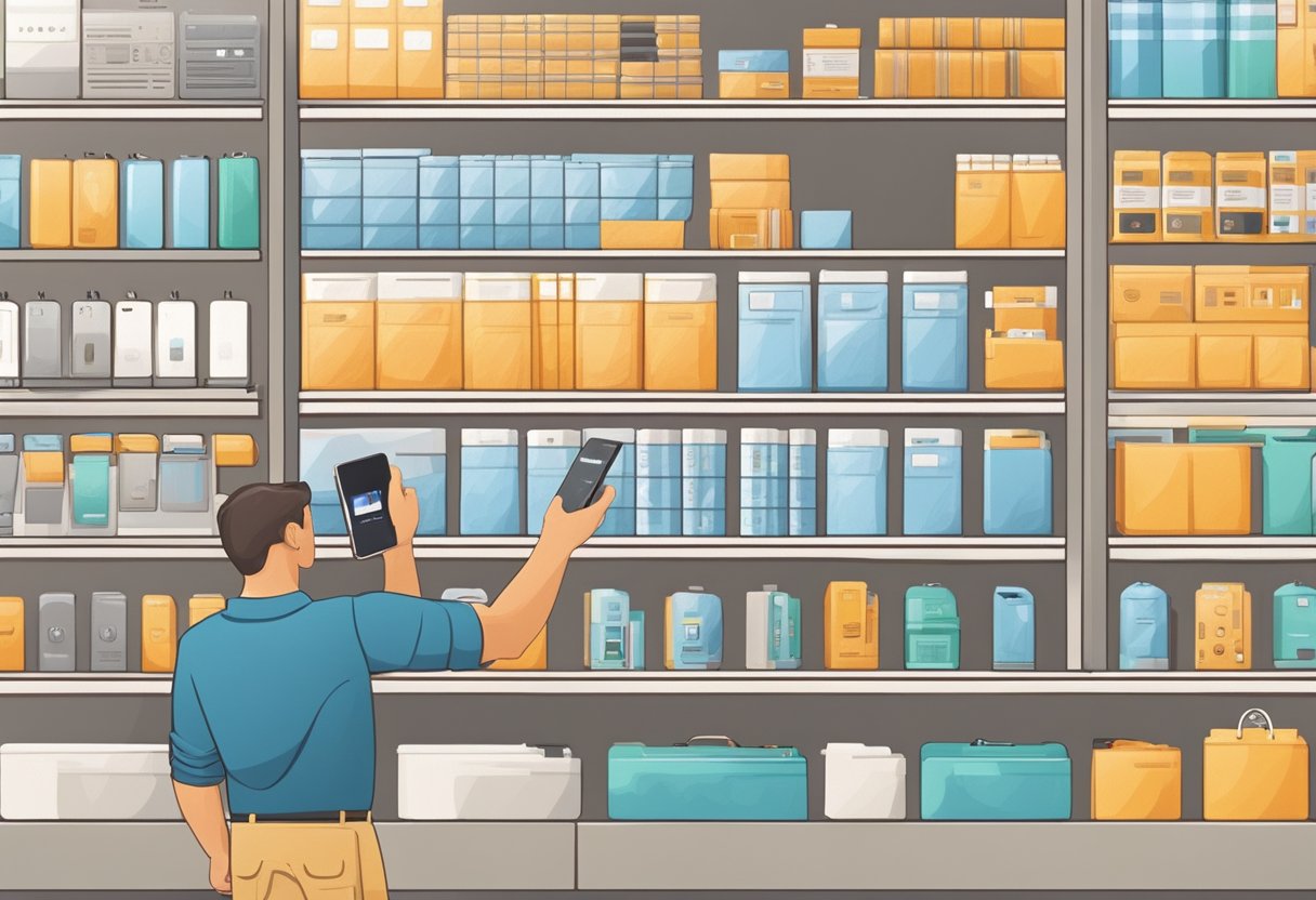 A hand reaches for a power bank on a store shelf, comparing different models and features before making a selection