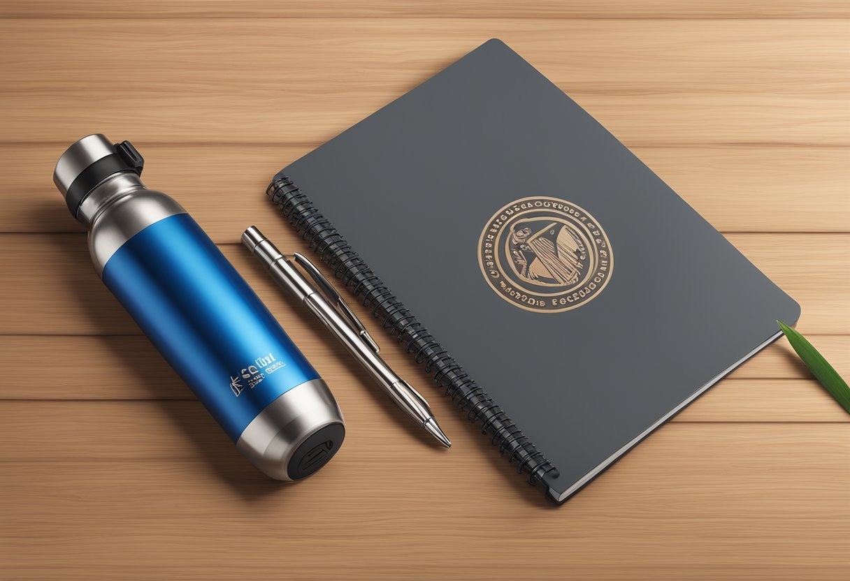 A company logo engraved on a bamboo pen, a recycled paper notebook, and a reusable stainless steel water bottle on a wooden desk