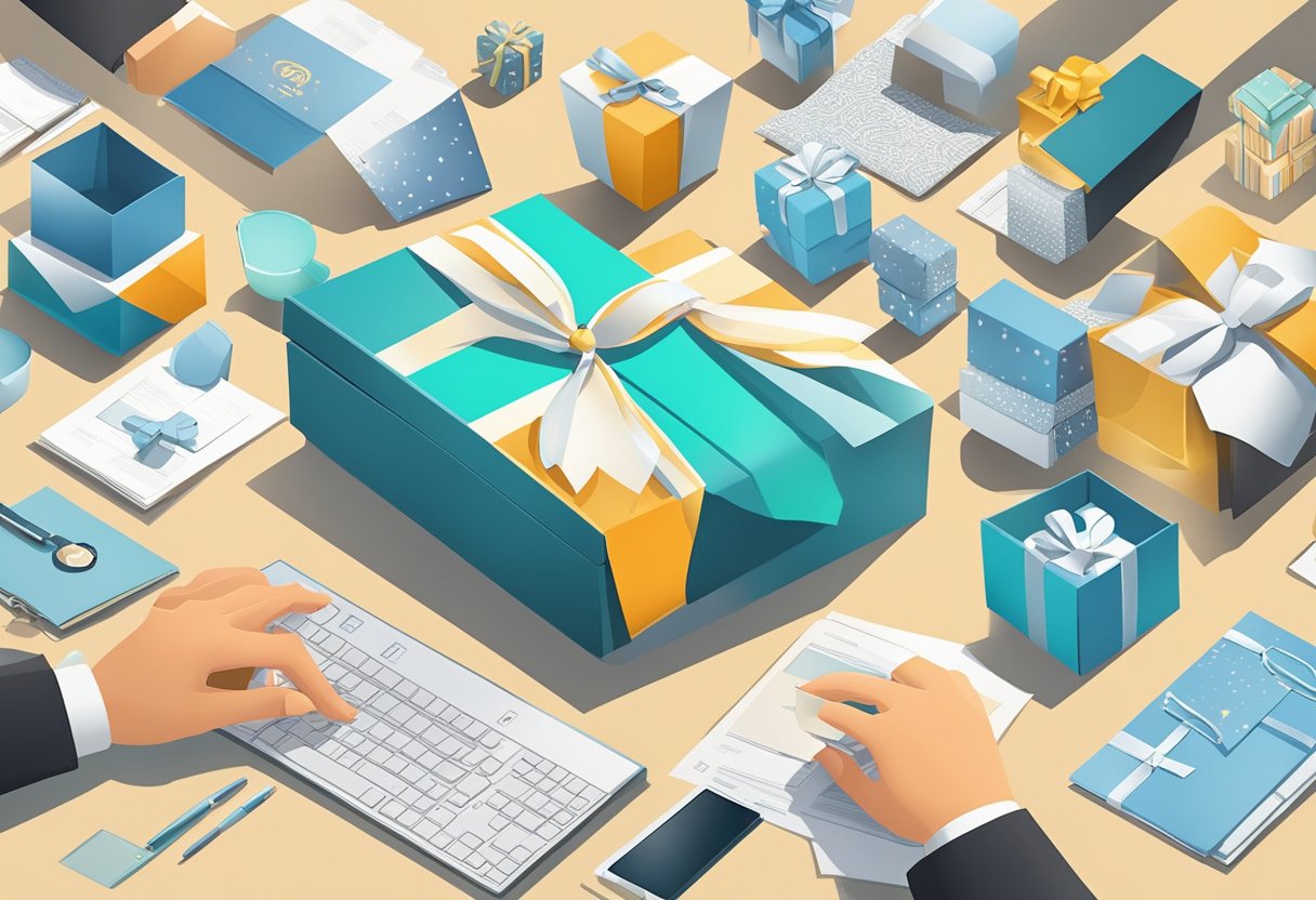 A hand reaches for a sleek, branded gift box on a desk, surrounded by various high-quality corporate gift options