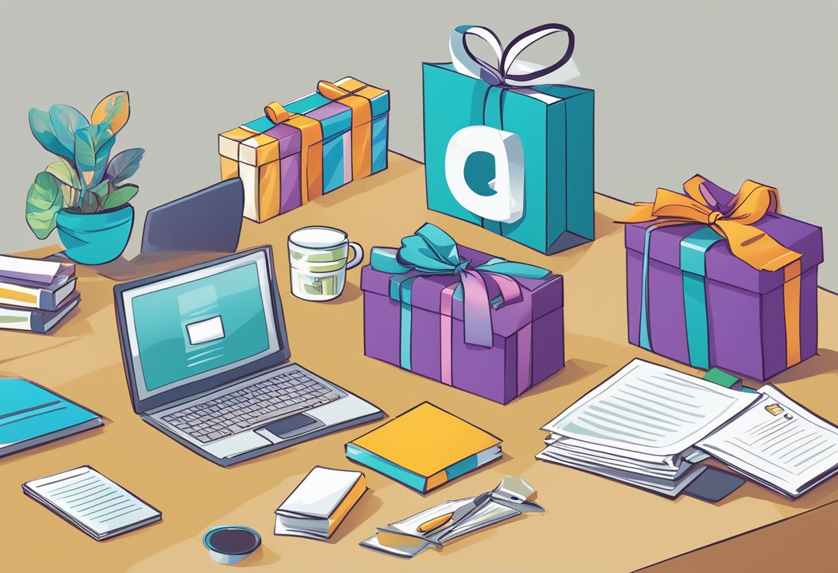 A table with various corporate gifts, a sign reading "Frequently Asked Questions," and phrases related to corporate gifting displayed prominently