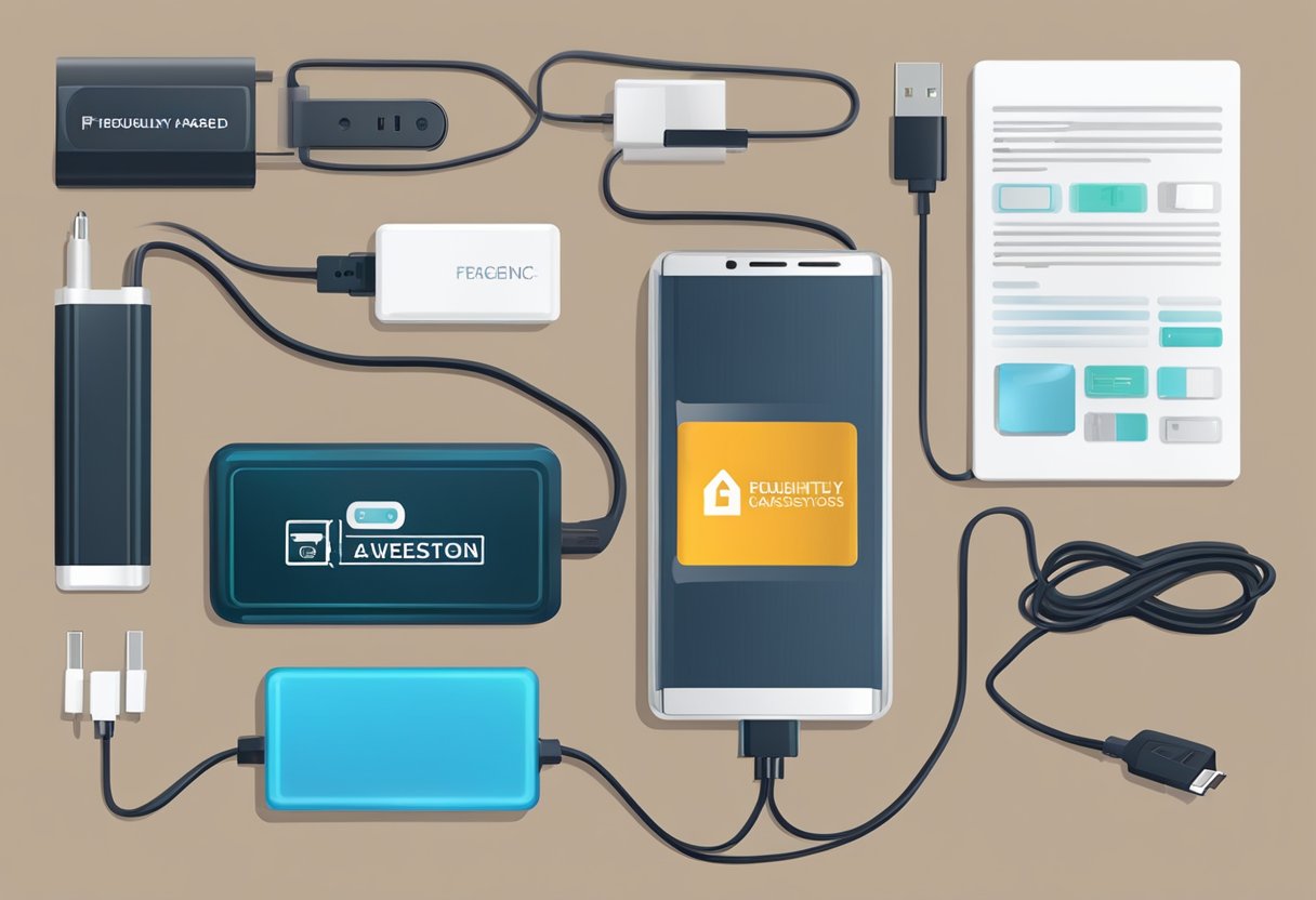 A power bank with "Frequently Asked Questions" label, surrounded by electronic devices and charging cables