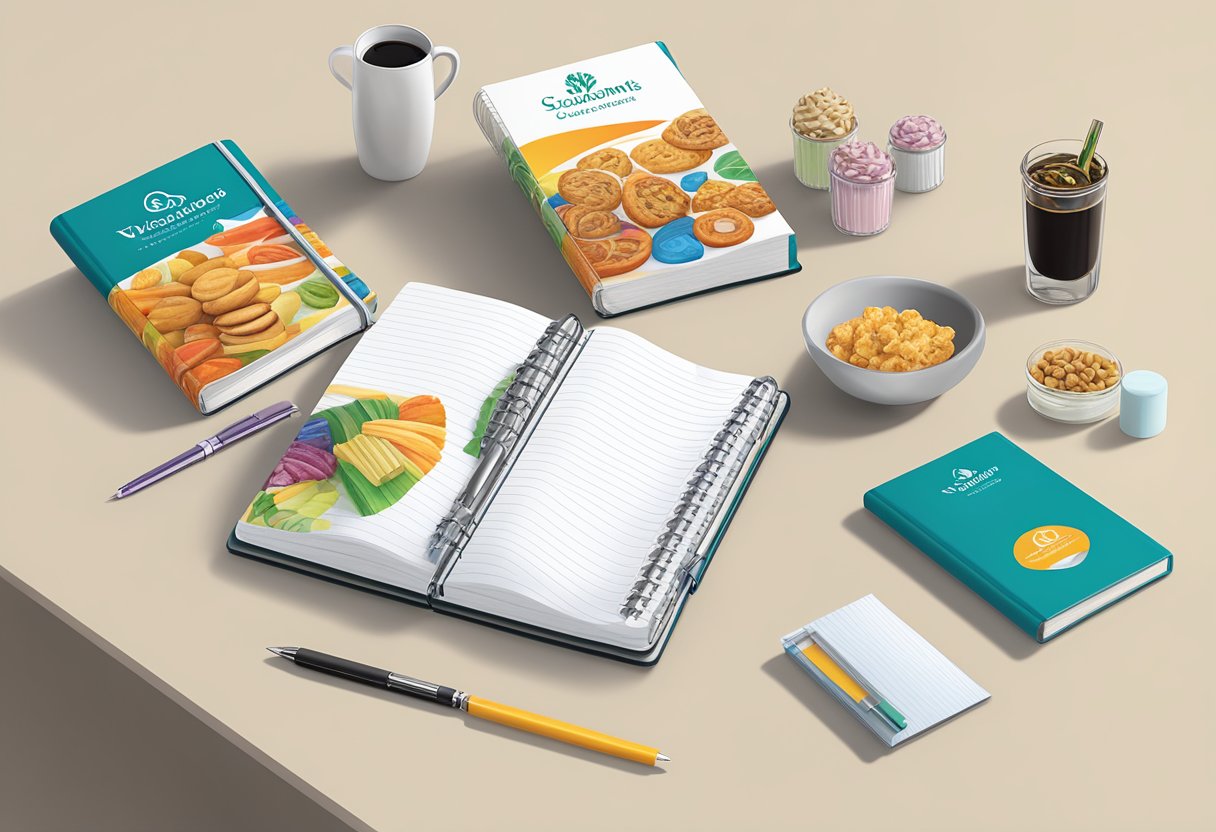A table displays branded notebooks, pens, and gourmet snacks for corporate welcome gifts