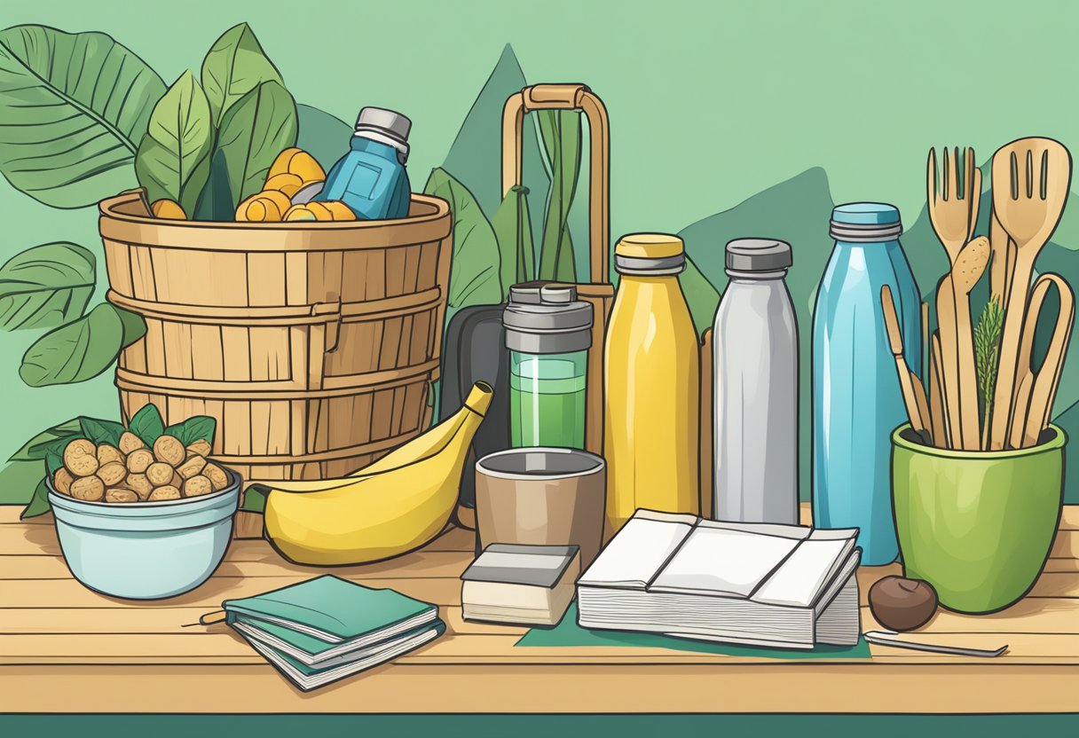 A table displaying eco-friendly corporate gifts: reusable water bottles, bamboo utensil sets, recycled notebooks, and organic snack baskets