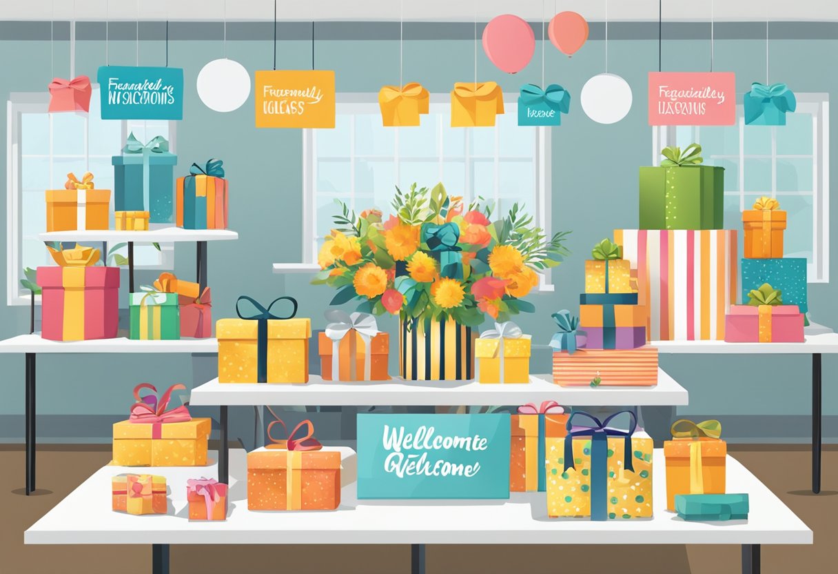 A table displays various gift options with a sign reading "Frequently Asked Questions corporate welcome gift ideas." Bright and modern decor surrounds the display