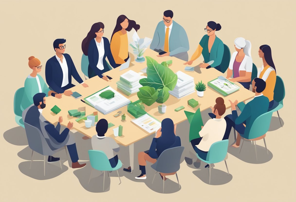 A table with eco-friendly corporate gifts displayed, surrounded by a group of people asking questions