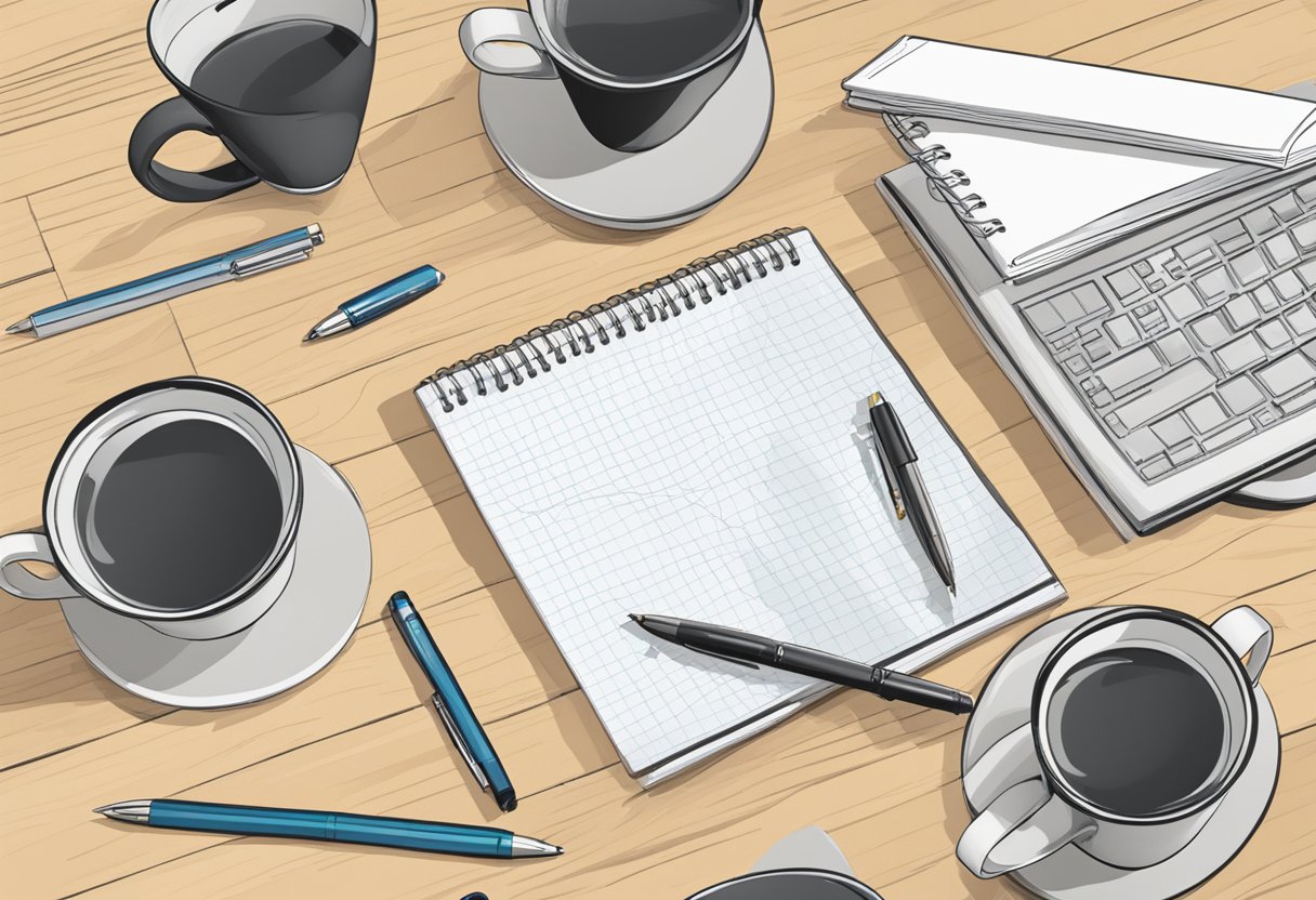 A table scattered with branded mugs, pens, and notepads. A banner with the company logo hangs in the background