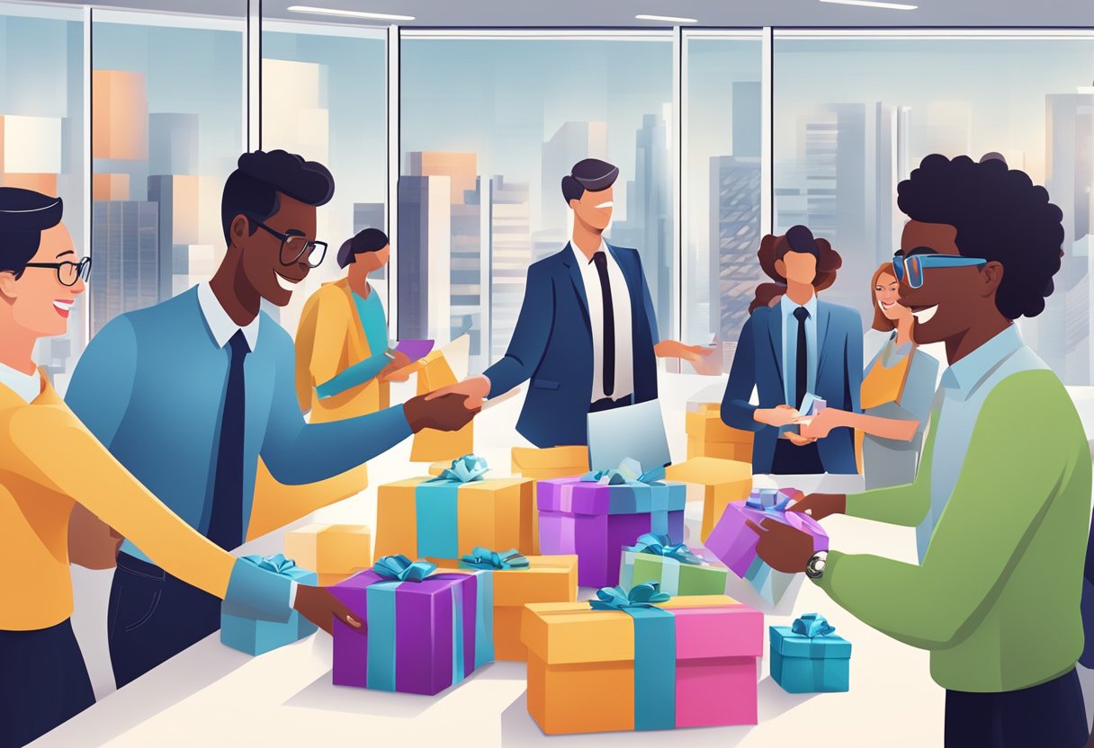 A group of employees exchanging branded gifts in a modern office setting