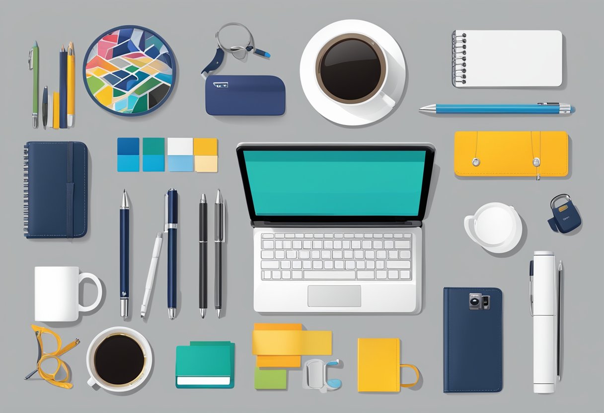 A table displaying various corporate promotional gifts by category. Items include branded pens, mugs, tech accessories, and stationery