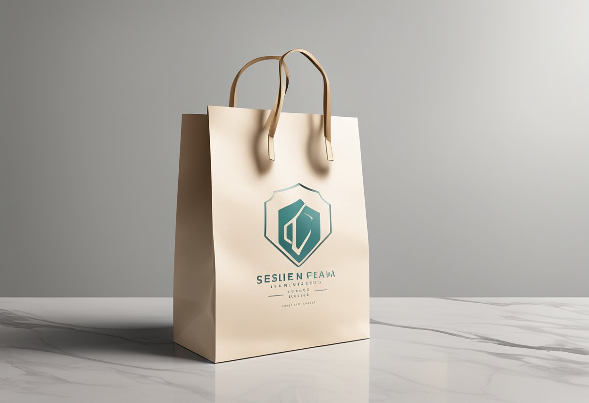 A premium paper bag sits on a marble countertop, its smooth surface catching the light, with a subtle sheen and embossed logo