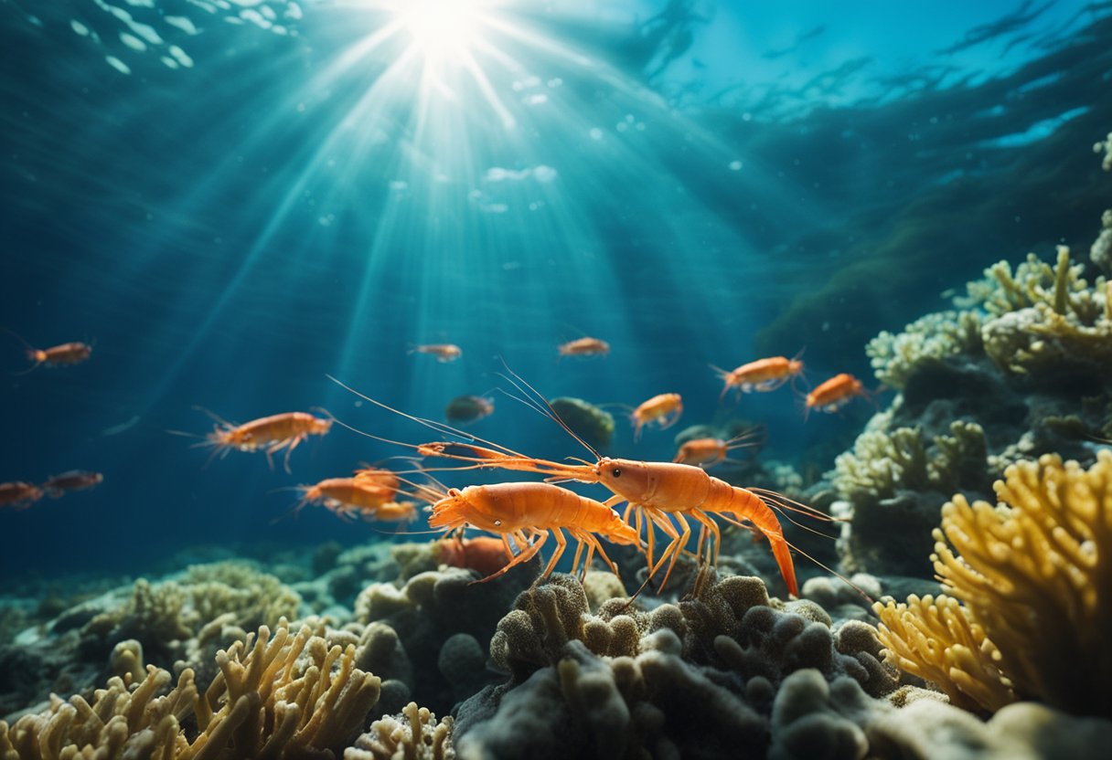 A group of prawns and shrimp swimming in clear, blue water among colorful coral and seaweed. Rays of sunlight illuminate the scene, creating a vibrant and lively underwater environment
