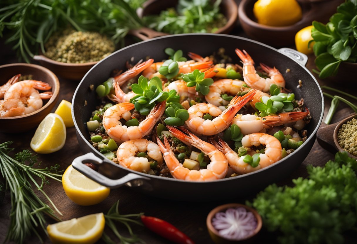 A sizzling pan filled with succulent prawns, surrounded by vibrant herbs and spices, creating a tantalizing aroma