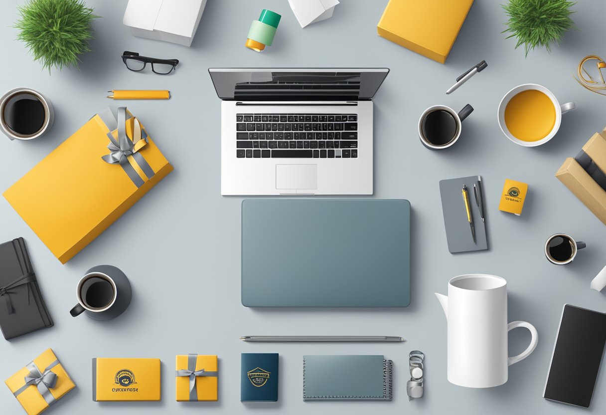 A table with various branded items like mugs, pens, and notebooks. A laptop displaying different logo options. A stack of gift boxes with the company's logo