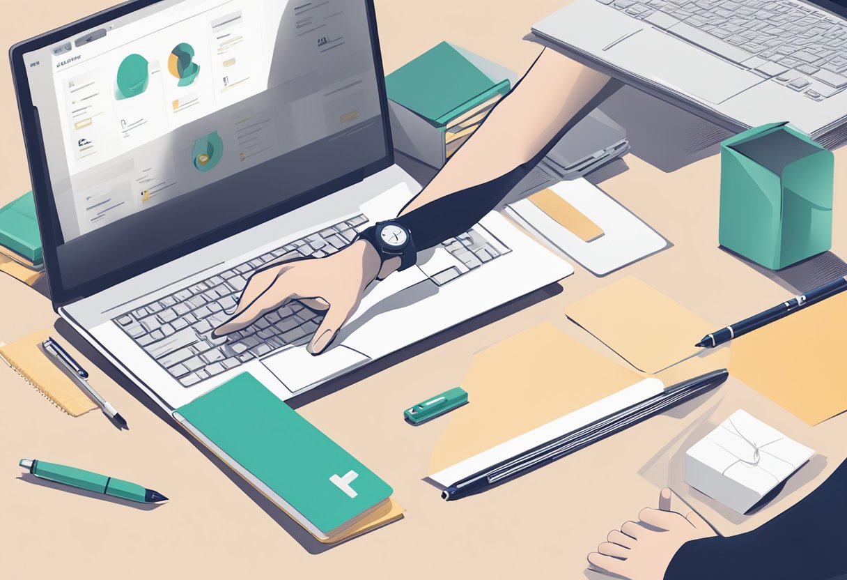A hand reaches for a sleek, branded pen on a desk next to a stack of custom notebooks and a gift box of logo-emblazoned tech accessories
